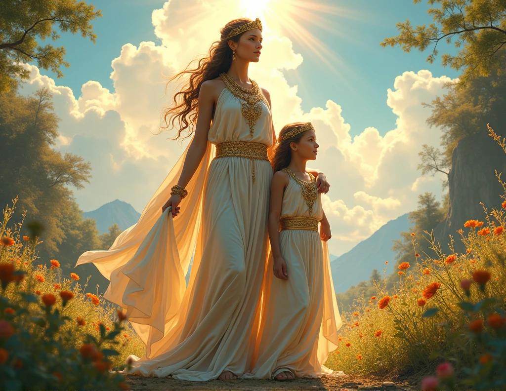 The goddess Demeter with her little daughter the goddess Persephone, both possessing great beauty, according to Greek mythology