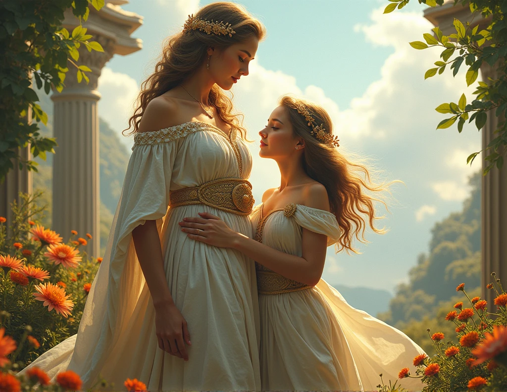The goddess Demeter with her daughter the goddess Persephone, both possessing great beauty, according to Greek mythology