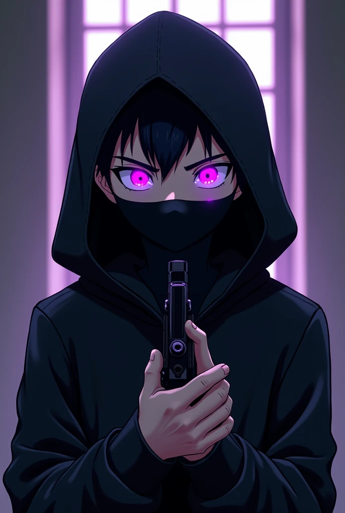 1 boy, he is a gang member and has purple glowing eyes with an evil face and slightly spiky hair with an evil and intimidating look with a black sweatshirt and a black mask covering his nose and mouth. , he has a black hood on his head , very intimidating , he has a pistol in his hands, 2D Anime .