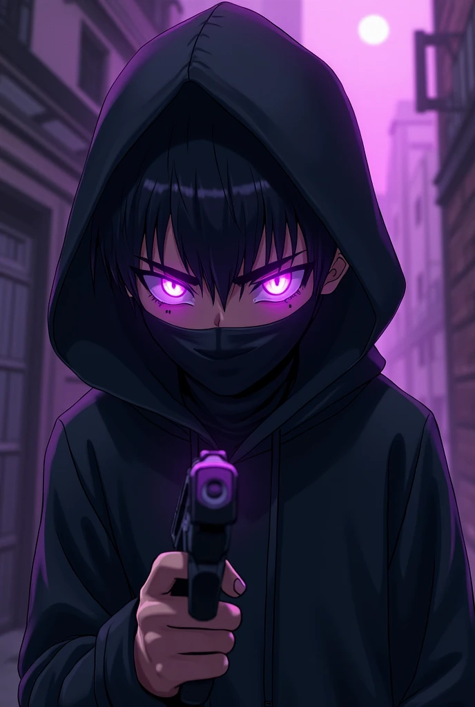 1 boy, he is a gang member and has purple glowing eyes with an evil face and slightly spiky hair with an evil and intimidating look with a black sweatshirt and a black mask covering his nose and mouth. , he has a black hood on his head , very intimidating , he has a pistol in his hands, 2D Anime .