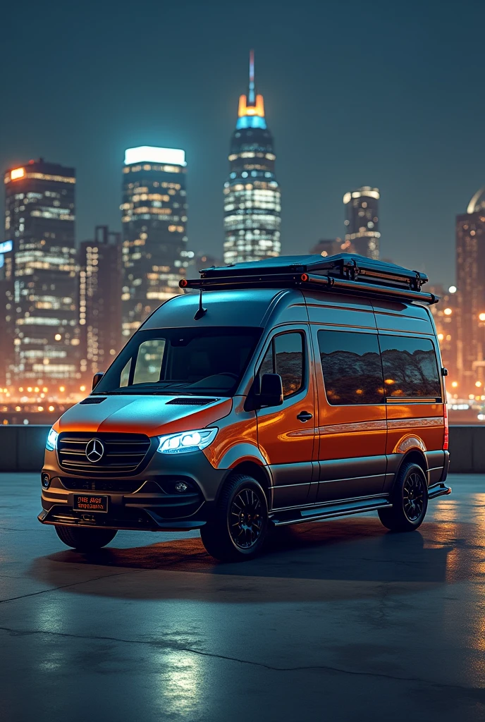 mercedes sprinter sport avec galerie et pupitre coter dans un parking la nuit en fond une ville remplie de gras cielle