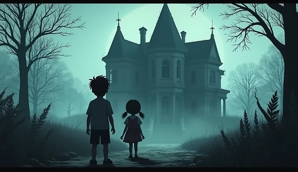Mysterious Location**: The old mansion has been abandoned for years and is considered mysterious by the villagers.

2. **Strange Noises**: Villagers report hearing strange noises coming from the mansion at night.

3. **Spooky Stories**: There are many frightening stories about the mansion that add to its eerie reputation. 2boy 1 girl children 

Genrate a High quality realistic 3D animation style 
