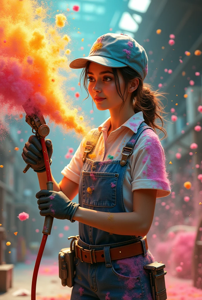 female worker, on his clothes fluff of different colors, blowing air all over his body with an air gun