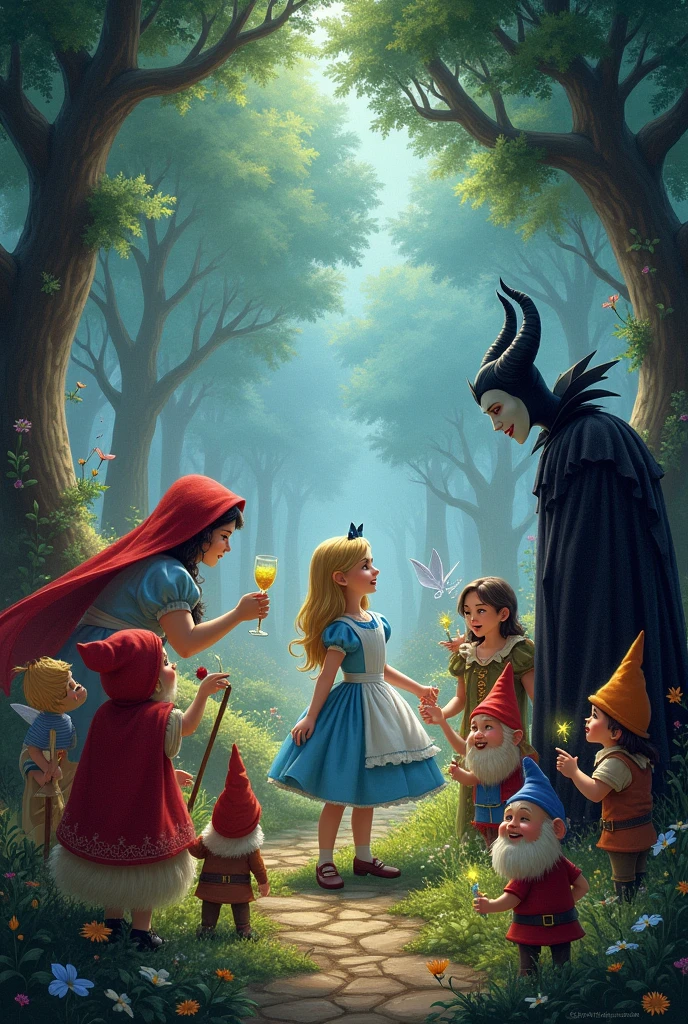 Alice in Wonderland, little red riding hood, Snow White and the Seven Dwarfs, tinkerbell, Sleeping Beauty, fairies, Maleficent