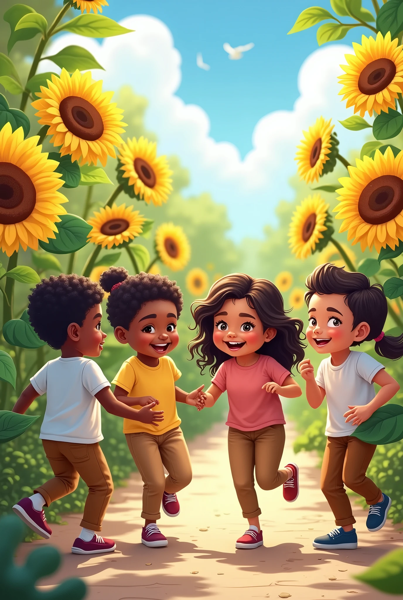 vectors, sunflowers, white children, Dominican children, medium and small, brown pants, school