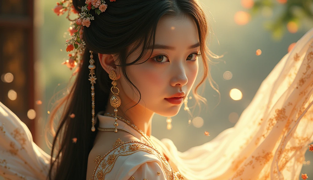 Create a masterpiece image of an exceptionally beautiful Asian girl with an angelic and innocent face. She should be adorned with radiant, complex jewels that catch the light, including gemstone earrings, a shiny necklace, and delicate bracelets. Your costume should be mystical and captivating, made of rich fabrics, like silk and satin, with fluid designs and complex patterns, such as classic floral motifs or mystical symbols.
She could be wearing a long dress with light, ethereal layers in enchanting colors like emerald green, Purple twilight, or red wine, with details meticulously embroidered in gold or silver thread. Your hair could be long and silky, styled naturally or elegantly pinned up with delicate hair accessories, like gold pins or fresh flowers.
The background should be a charming scenery, perhaps a magical forest with shimmering light filtering through the leaves, or an ancient palace with intricate architecture and flickering candlelight. The lighting of the image must be arranged professionally, with soft rays gently illuminating your body and face, creating a brilliant and magical effect. Your posture and expression should convey graceful elegance and supernatural charm.., as if she were a goddess or a character out of legend.