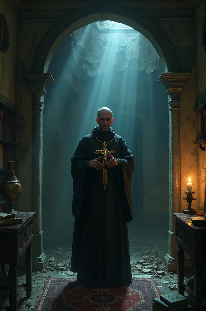 Priest performing exorcism in a dark house