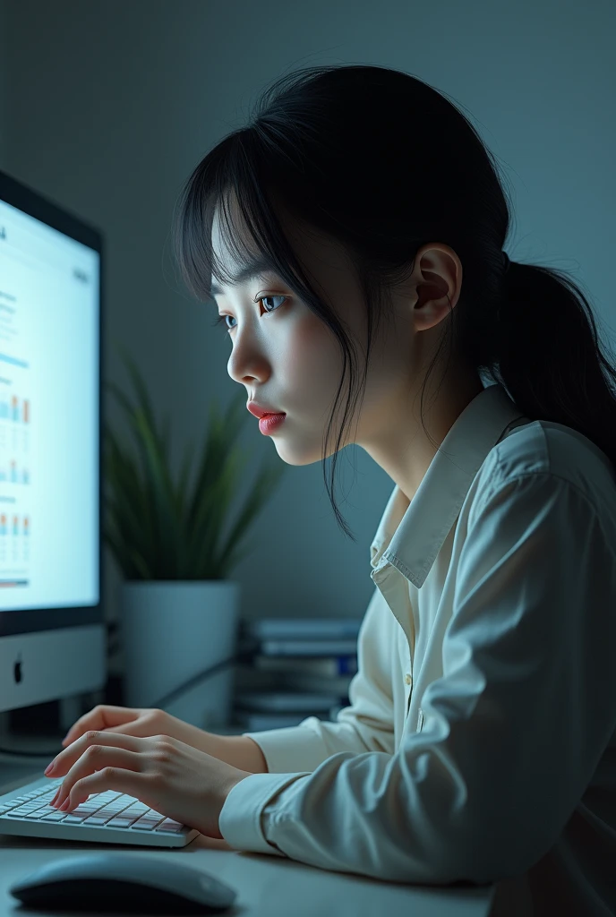 Girl looking at computer screen with head turned away