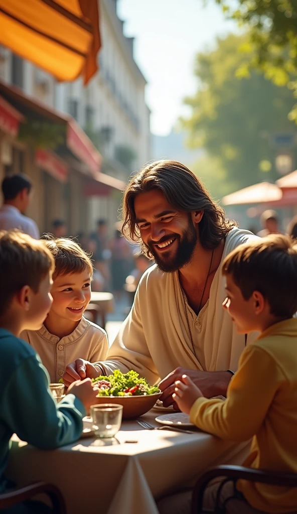 Jesus smiling and ordering salad in France with two ren in a 2024 scenario