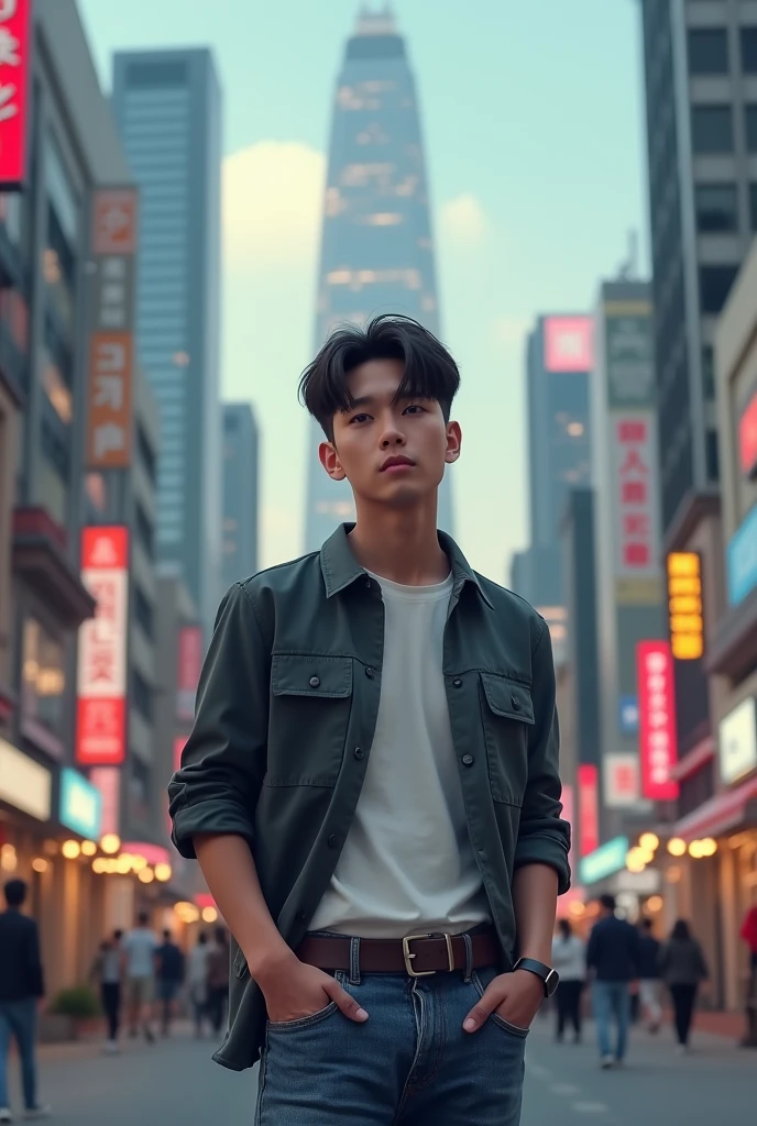 Photorealistic, korean young man, casual, city