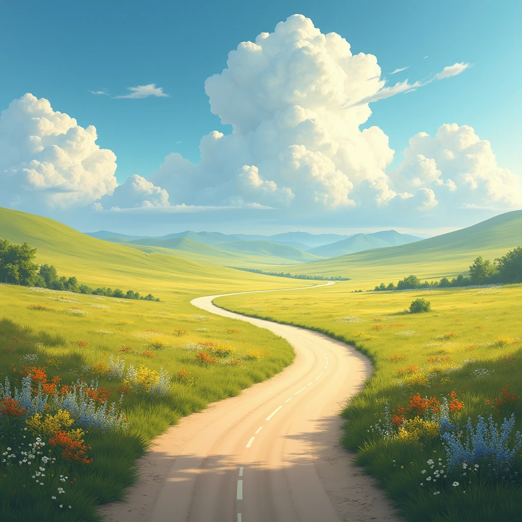A single road winding through a beautiful landscape, Vast plains, wealthy, flower, Earth, horizon, Cumulonimbus, blue sky