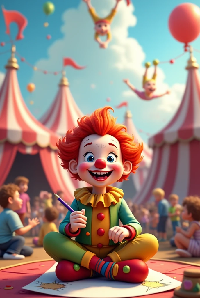 
happy child clown drawing in circus