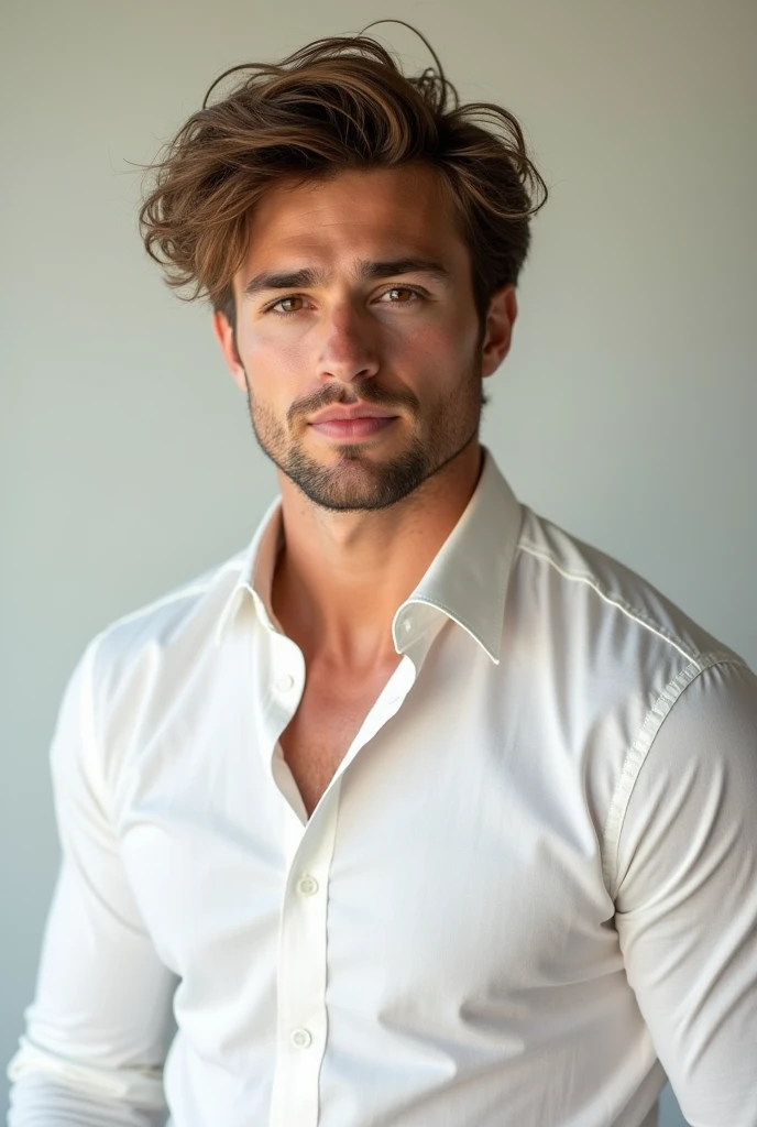 Create an image of a young man who is beardless,with messy light brown hair and hazel eyes.He has to be strong and wear a white long sleeved dress shirt and his face has to be square shaped.