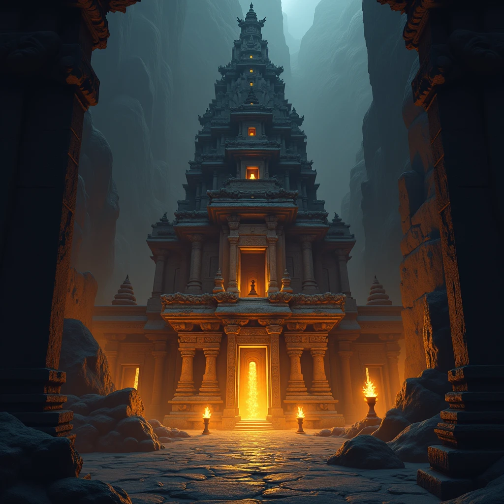 Use warm, intense lighting from torches to highlight the dramatic atmosphere, and incorporate intricate carvings and details into the temple's structure.Maintain a dark, mystical color palette to enhance the sense of adventure and mystery.