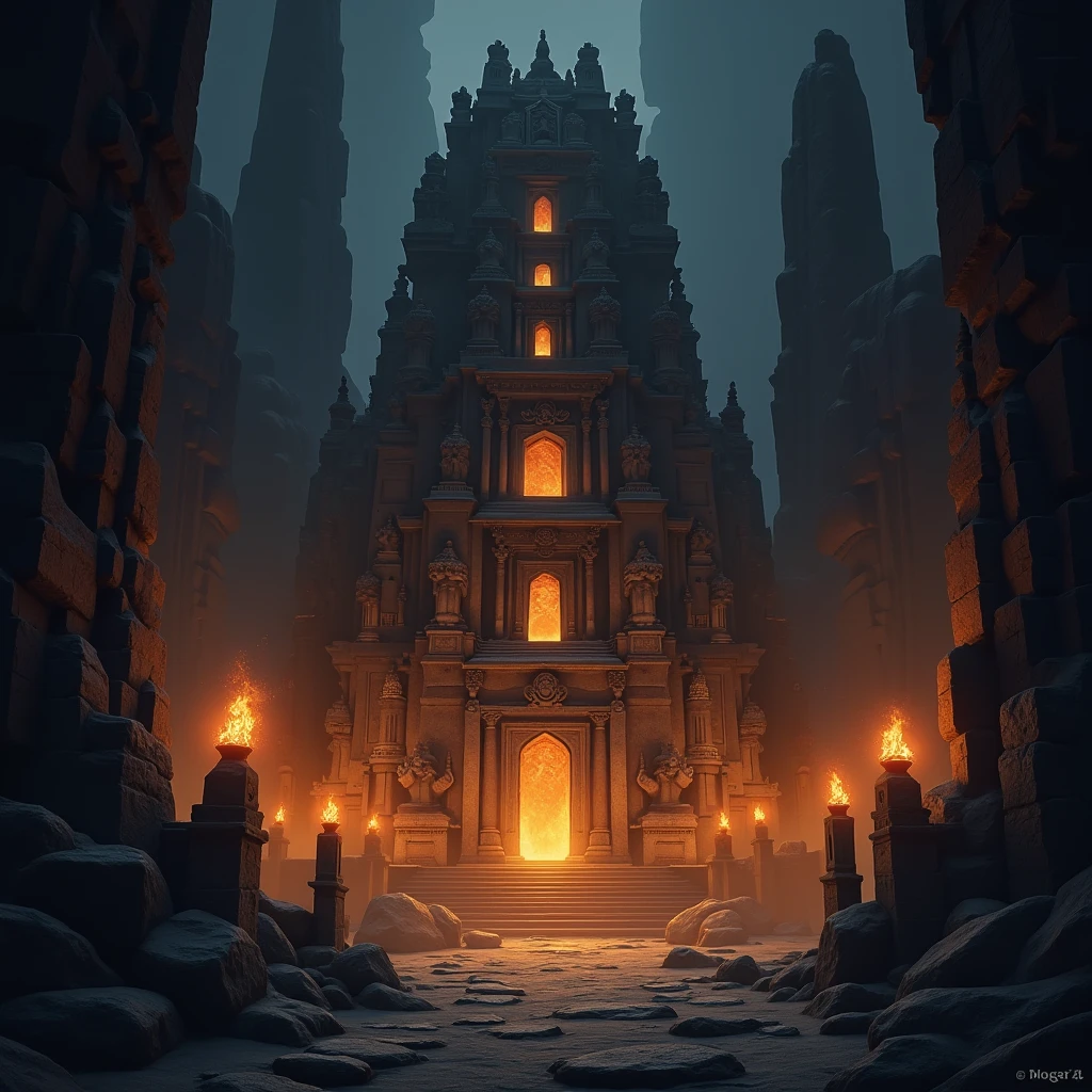 Use warm, intense lighting from torches to highlight the dramatic atmosphere, and incorporate intricate carvings and details into the temple's structure.Maintain a dark, mystical color palette to enhance the sense of adventure and mystery.