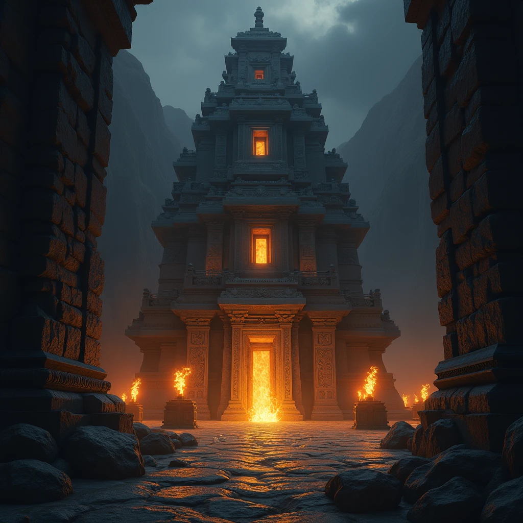 Use warm, intense lighting from torches to highlight the dramatic atmosphere, and incorporate intricate carvings and details into the temple's structure.Maintain a dark, mystical color palette to enhance the sense of adventure and mystery.