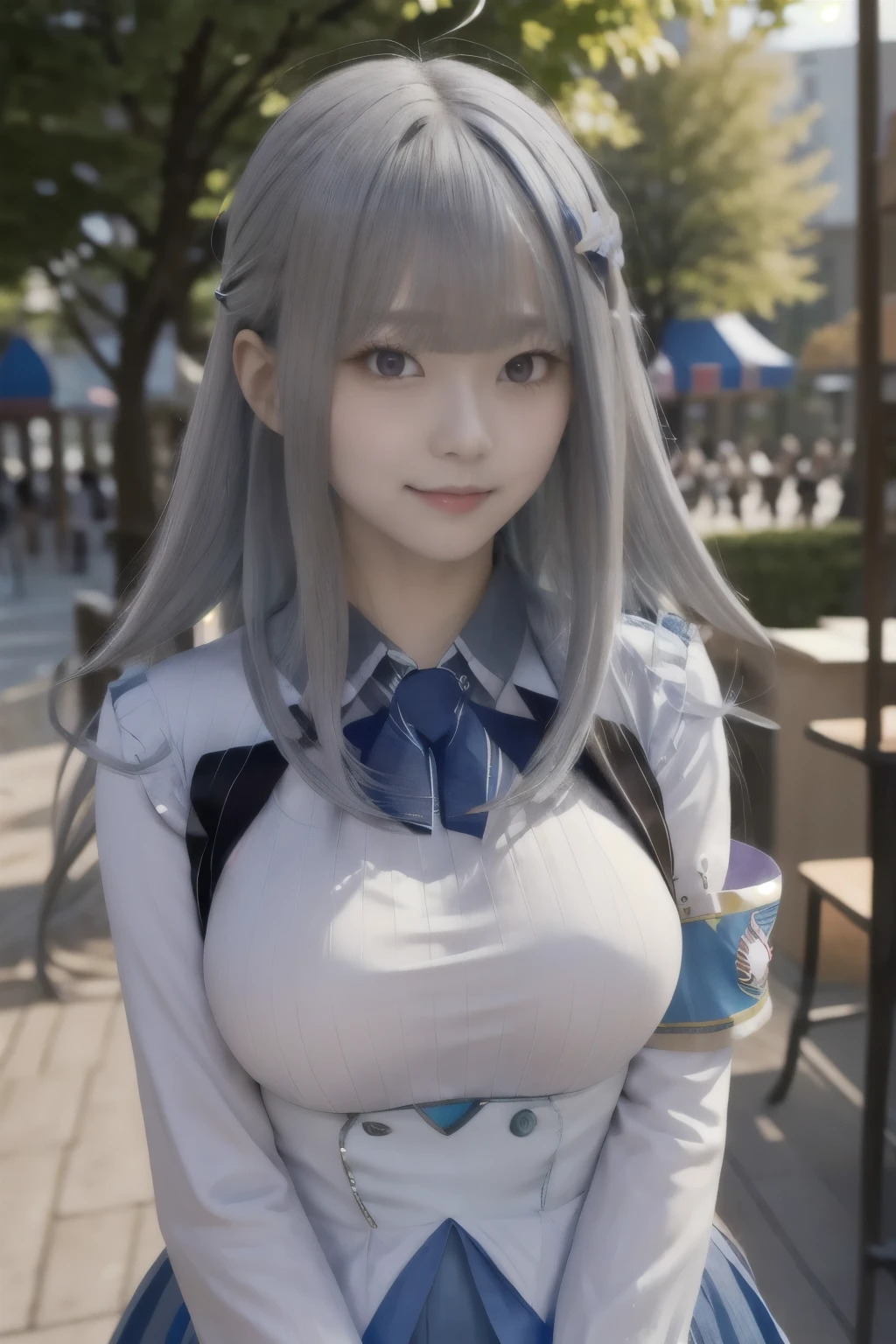 Girl with long hair, bangs, Gray Hair, Blue inner hair:1.25) , Purple eyes, View your viewers, blush, A small smile, Long sleeve, Armband, Frilled Skirt, White jacket, White shirt, Blue Skirt, Outdoor, Are standing, amusement park, dizzy, Center of chest, Daytime atmosphere, hair ornaments, Medium chest, Upper Body, concentrated, Blurred Background,Big Breasts