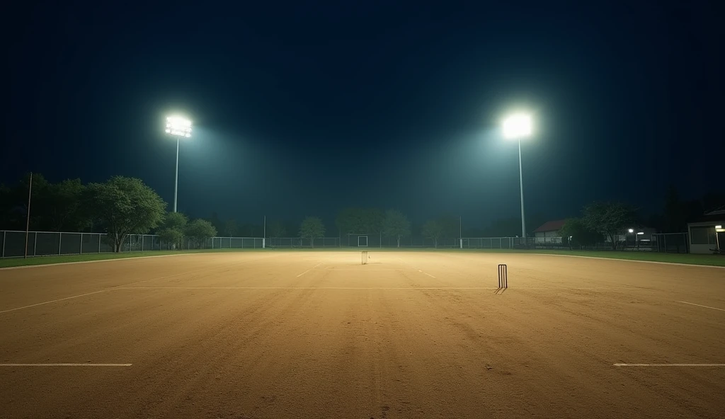 A local Cricket ground no grass sand ground in time night time lights realistic