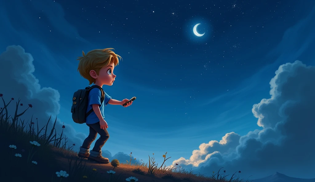 Lucas, a boy in a blue shirt, starting his adventure, following the direction that the compass points. Under a starry night