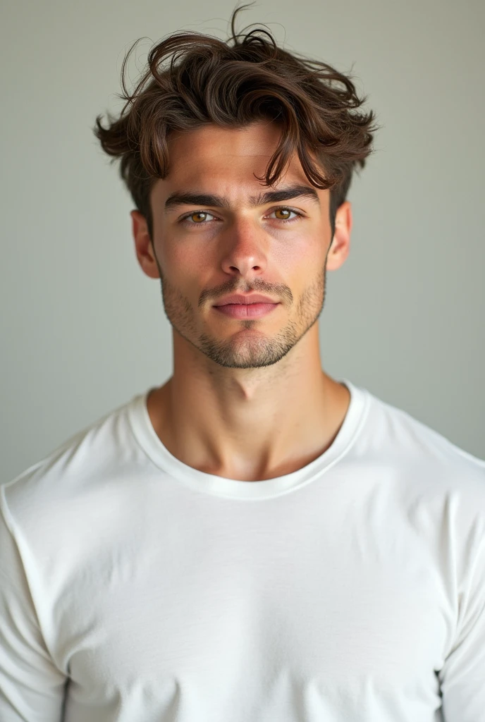 Create an image of a young man who is beardless,with messy light brown hair and hazel eyes.He has to be strong and wear a white long sleeved dress shirt and his face has to be square shaped.
