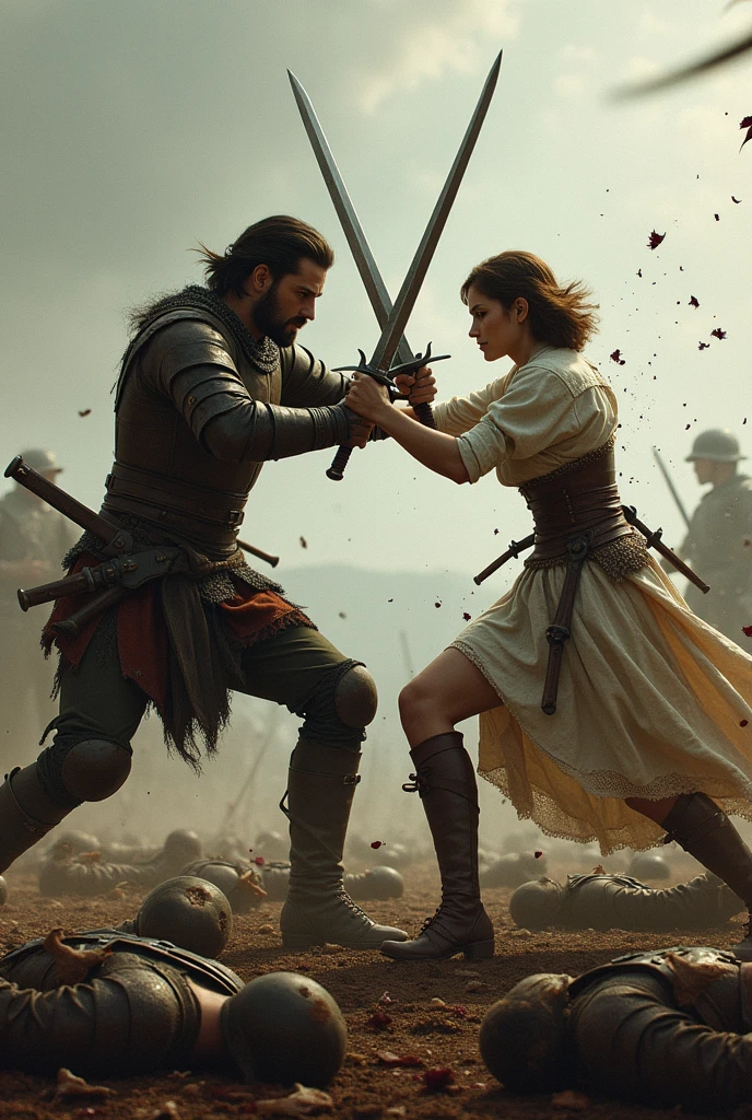 Create a man fighting with swords against a short-haired woman, both wearing medieval clothing and several bodies on the ground of soldiers who died