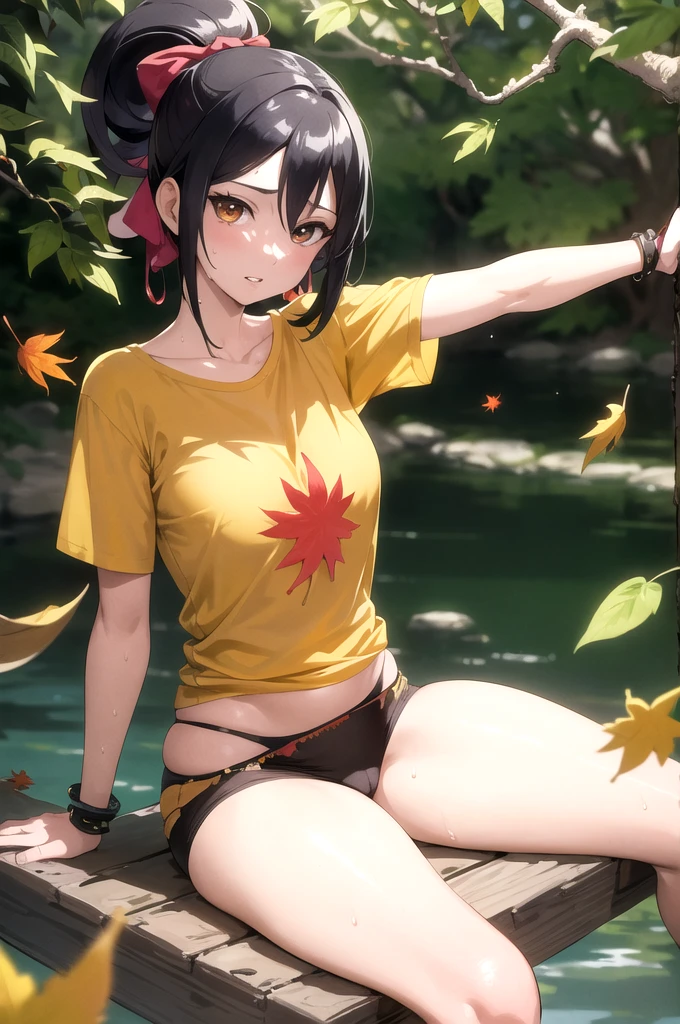 work of art, absurderes , (details Intricate), (colorfully),cinematic lighting,shot not bust,Extremely detailed CG 8k unity wallpaper,Temari\(boruto\), 1 girl, mature woman,yellow t-shirt,wore tight, wet black panties,sitting down, plein-air, (falling leaves:1.3), Thu leaves, (Thu), lighting sun, Maple tree, parted lips,Tuuli, looking ahead at viewer,she didn't wear pants,with open legs