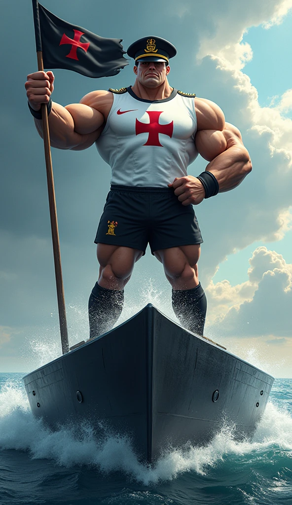 The mascot is an admiral, muscular, puffed-up chested, with an imposing appearance. He should be wearing a soccer uniform, a white shirt with a black crossband, over the band a thick red Maltese cross on the chest, black shorts and socks, with a black admiral's hat with a thick red cross on the sides straight in front. The admiral should be posing with a confident and friendly expression, holding a black flag in one hand, waving in the wind, on top of a large black ship in a high sea with waves.