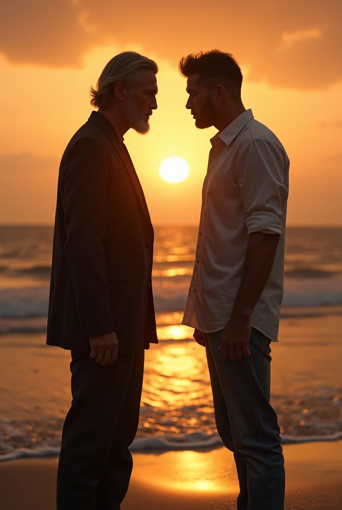 A FIGHT BETWEEN FILM ACTOR JAKICHAN AND FILM ACTOR ROKLI ON A BEACH WITH A SUNSET BEHIND THEM