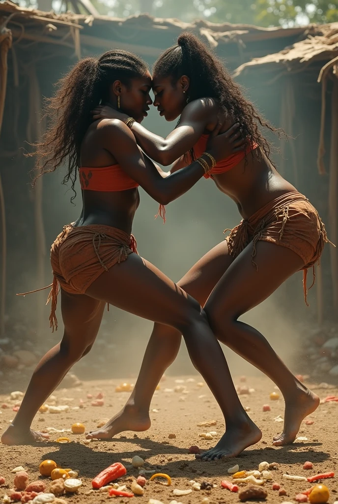 Two beautiful barefoot black women fighting in the middle of a ring with food scraps scattered everywhere, their bodies are dirty too.