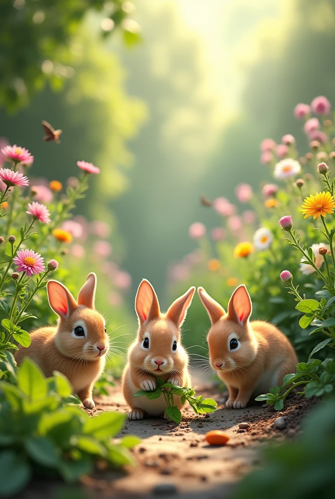 Little rabbits eating plants from the garden