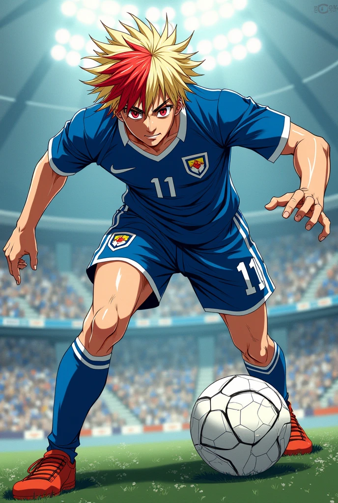 Create an image of Ren Hayato, a 1 football player from the Blue Lock Eleven team, which matches the art style of the Blue Lock manga. Ren is 1.85 meters tall and has a muscular but youthful build. His platinum blonde hair is styled in a wild and spiky manner, identical to Shidou Ryusei's hairstyle but without the red streak. His eyes are a fiery and intense red, reflecting his fierce and determined personality. Ren's face is clean, without scars. He is wearing the official Blue Lock Eleven uniform with the number 11 jersey as depicted in the manga.

Ren is depicted in Shidou Ryusei's iconic pose from the PXG match, with his body leaning forward aggressively, one leg slightly bent and the other extended backwards, ready to attack the ball. His arms are positioned in a dynamic stance, emphasizing his explosive energy and his readiness to attack. The background is a dynamic football field with intense action, clean lines and shadows that are very reminiscent of the manga's distinct style, emphasizing Ren's role as a key player on the team. the difference between your hair and shidou's is: instead of blonde it's silver blonde and instead of pink it's red. more blue lock manga style. his have a red hair lock in front of the hair like shidou's

Image size: 1024x1792 (full-body portrait)