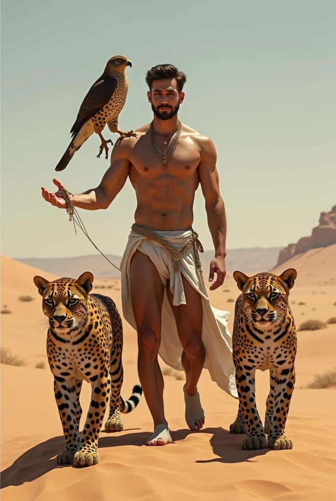 A handsome slim shirtless white skinned man in the desert with a falcon and two leopards beside him