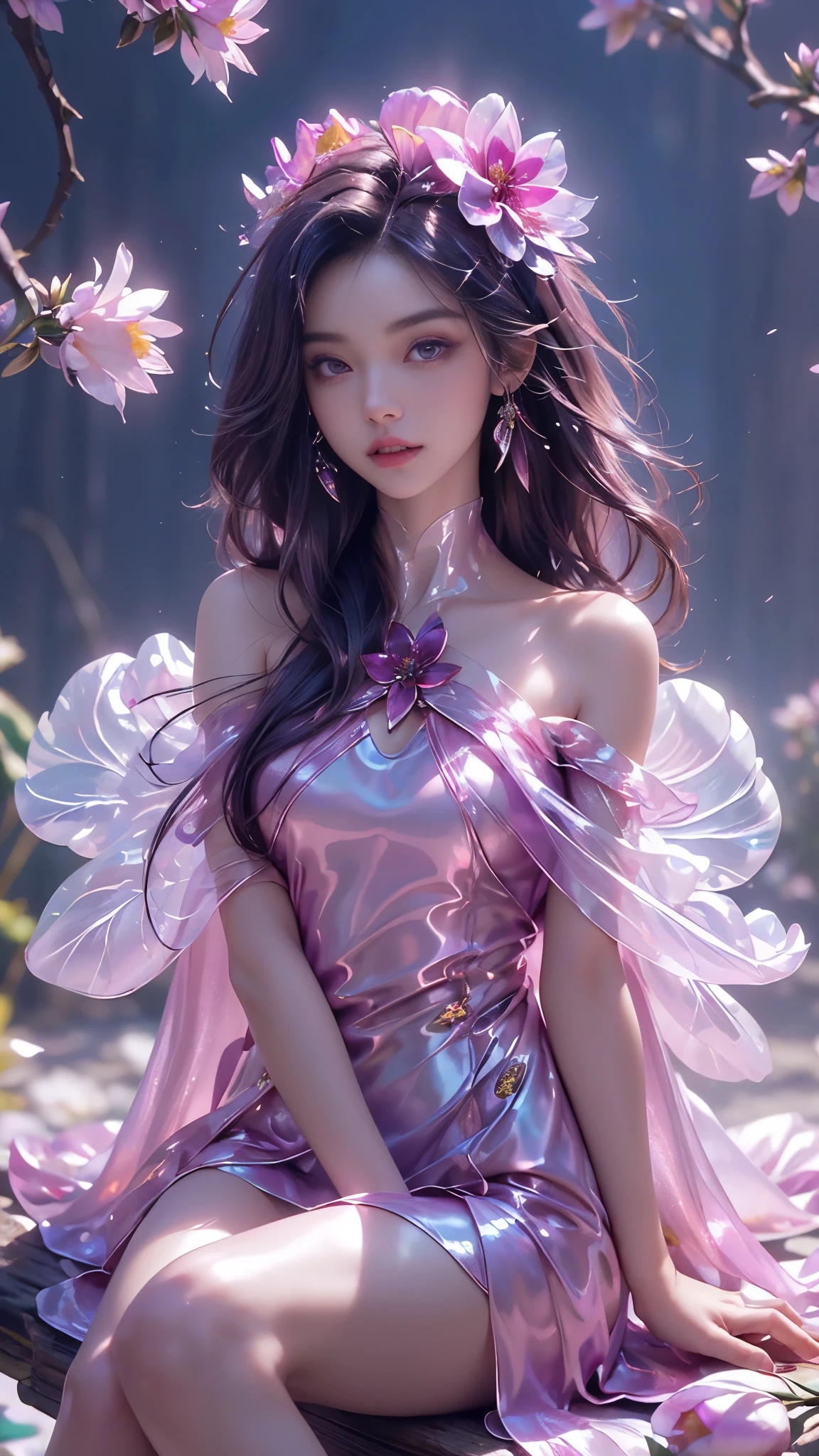 8k, masterpiece, 1 girl, beautiful face, very long hair, light makeup, (glossy skin:1.5), detailed eyes, detailed lips, small bust, short clothing, dragonfly, ((magenta dragonfly clothing)), ((flowing cape)), light clothing, ((bare shoulder)), (flower falling:1.5), god rays, depth of field, ray tracing, sitting,