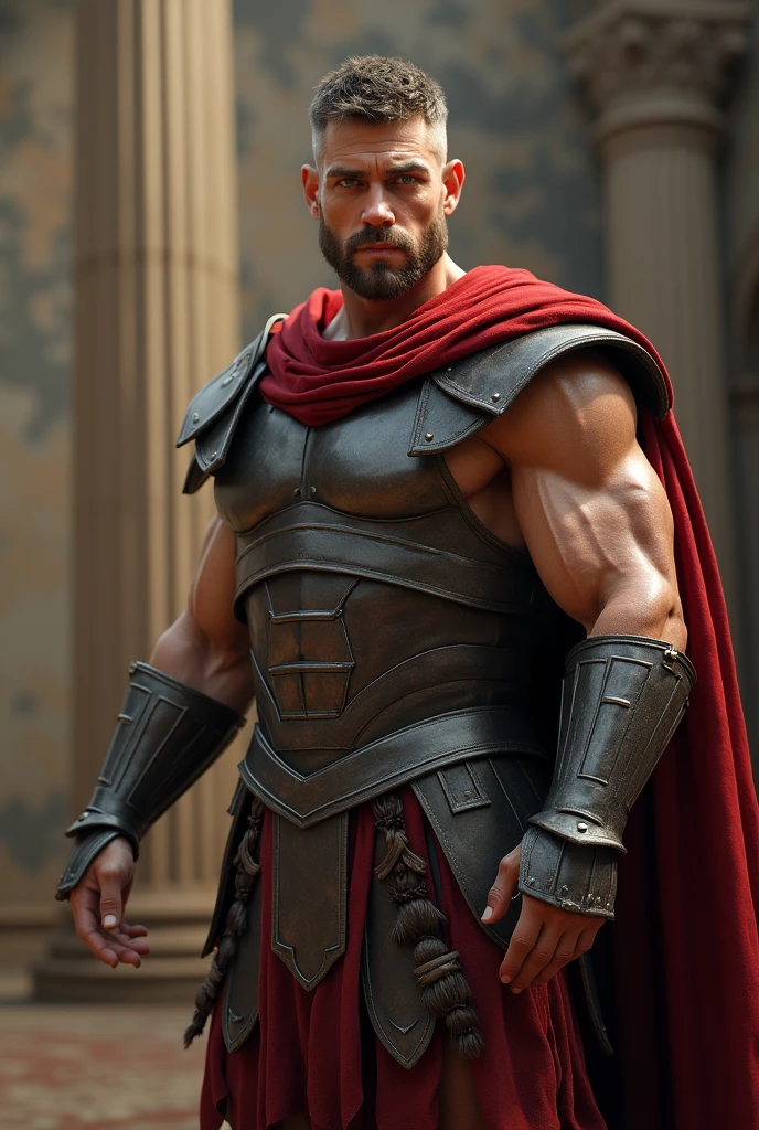 ((masterpiece, highest quality, Highest image quality, High resolution, Raw photo, 8K)), ((Extremely detailed CG unified 8k wallpaper)), (huge stunning warrior shot, full body, musclural body beauty:1.4), Posing for the camera, In a warrior fighting stance, a stern look, in a ready stance, tall, robust man with short-cropped hair and a clean-shaven face, wearing a Roman general's cloak over his armor. His pose should be one hand extended forward, pointing, symbolizing leadership and vision, photorealistic, 16k, 8k, 4K, award winning