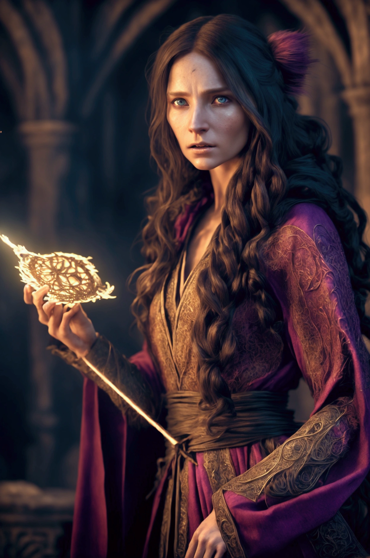 photo realistic female wizard, highly detailed fantasy character, intricate magical robe, long hair, detailed facial features, casting a spell, kobold enemy, fierce battle scene, cinematic lighting, dramatic atmosphere, vibrant colors, digital art, hyper realistic, 8k, high quality, detailed spell