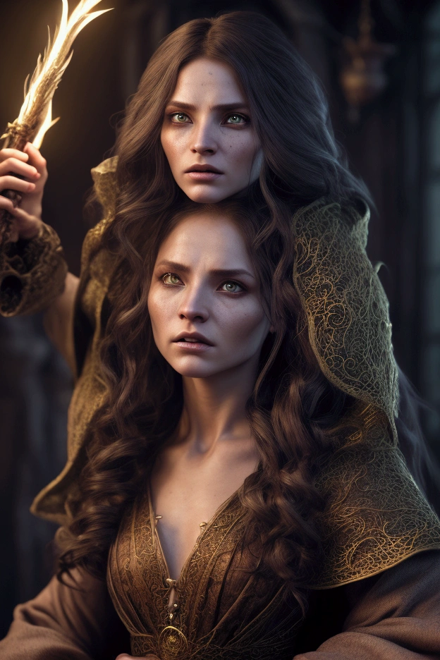 photo realistic female wizard, highly detailed fantasy character, intricate magical robe, long hair, detailed facial features, casting a spell, kobold enemy, fierce battle scene, cinematic lighting, dramatic atmosphere, vibrant colors, digital art, hyper realistic, 8k, high quality, detailed spell