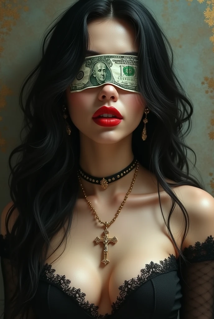 Very beautiful woman with red lips and black hair and big boobs, with a golden rosary, covering his eyes with a bandage made of dollar bills 