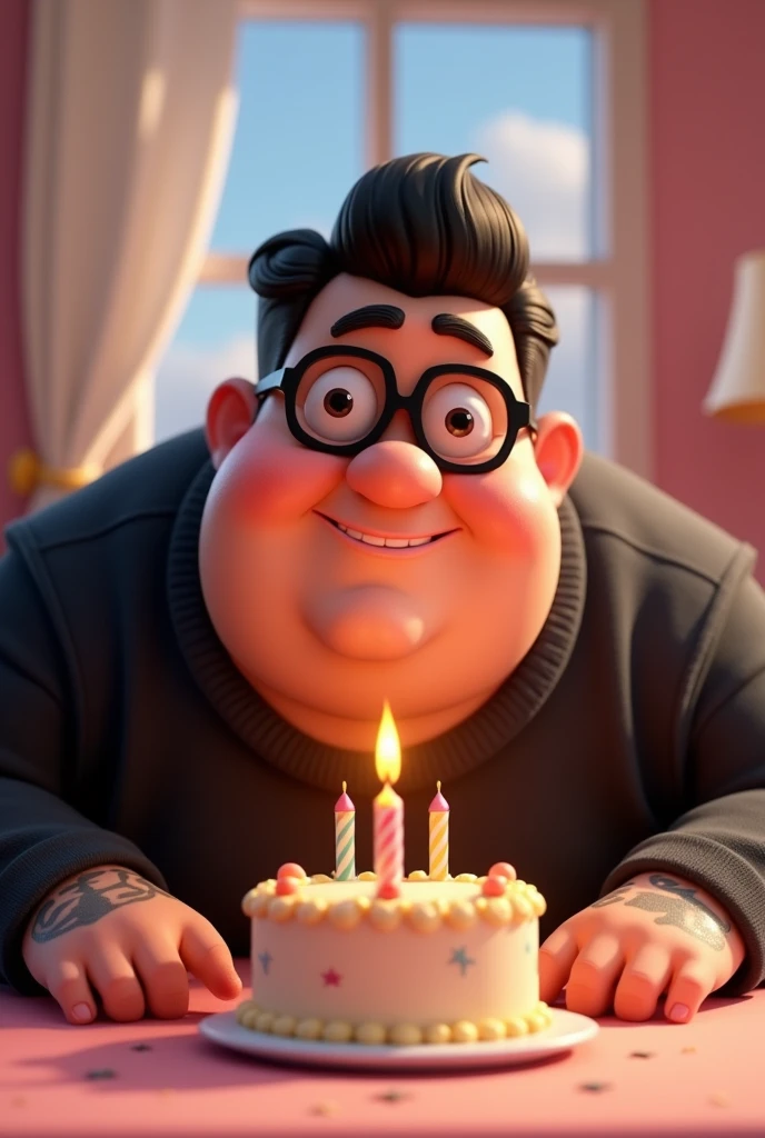 Disney Pixar style 3D character illustration of a plus-size man, square face with short hair combed to the side, black glasses, black sweater, tattoos on arms, blowing out a birthday candle