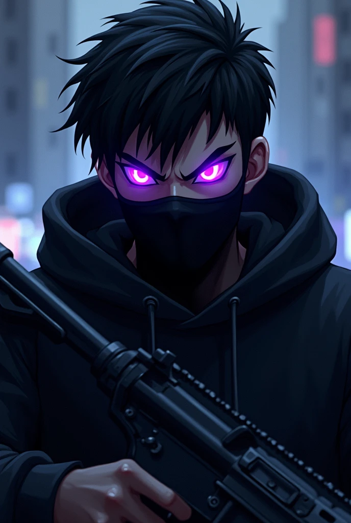 1 gang member with purple glowing eyes with an evil face and slightly spiky hair with an evil and intimidating look with a black sweatshirt and a black mask covering his nose and mouth , he has a hood on his head, very intimidating , he has an ak47 in his hands, 2D Anime .