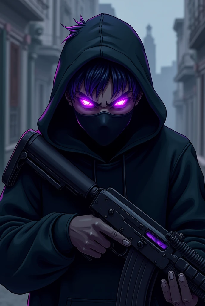 1 gang member with purple glowing eyes with an evil face and slightly spiky hair with an evil and intimidating look with a black sweatshirt and a black mask covering his nose and mouth , he has a hood on his head, very intimidating , he has an ak47 in his hands, 2D Anime .