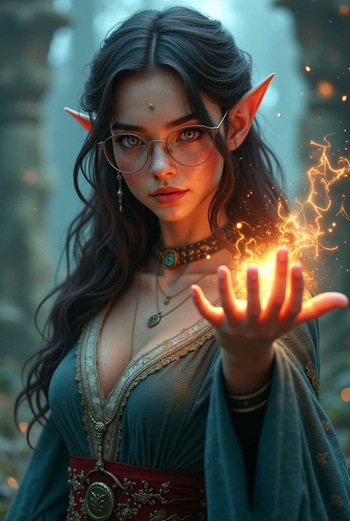 a half elf,female magician,with harry potter glasses, with blue and red eyes, with brunette hair color, white skin color and freckles