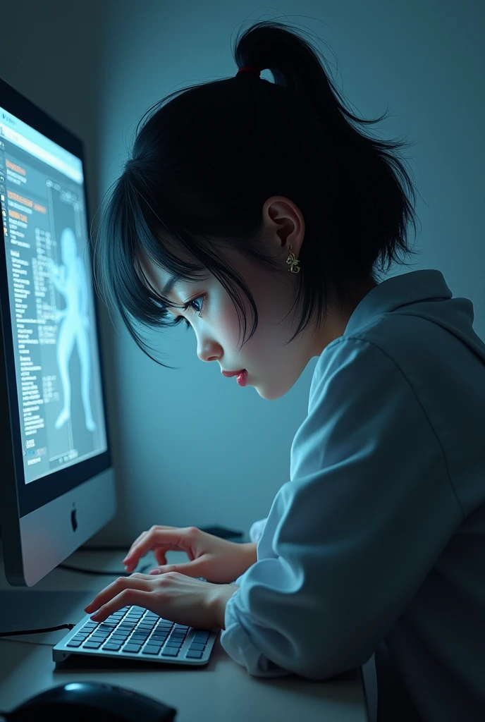 Girl looking at computer screen without face 