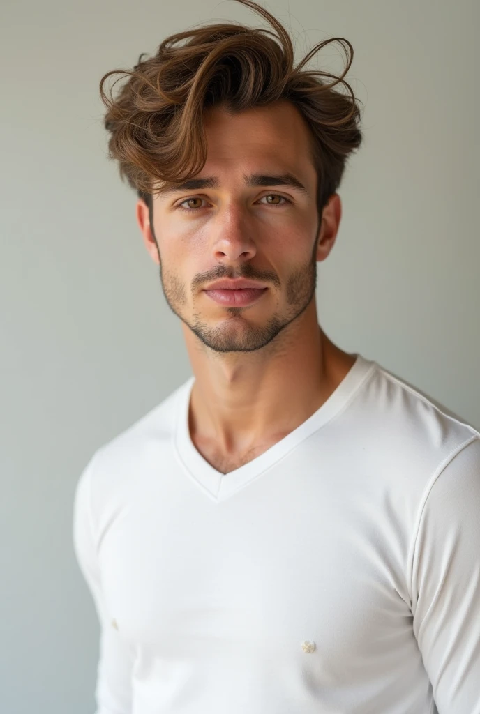 Create an image of a young man who is beardless,with messy light brown hair and hazel eyes.He has to be strong and wear a white long sleeved dress shirt and his face has to be square shaped.