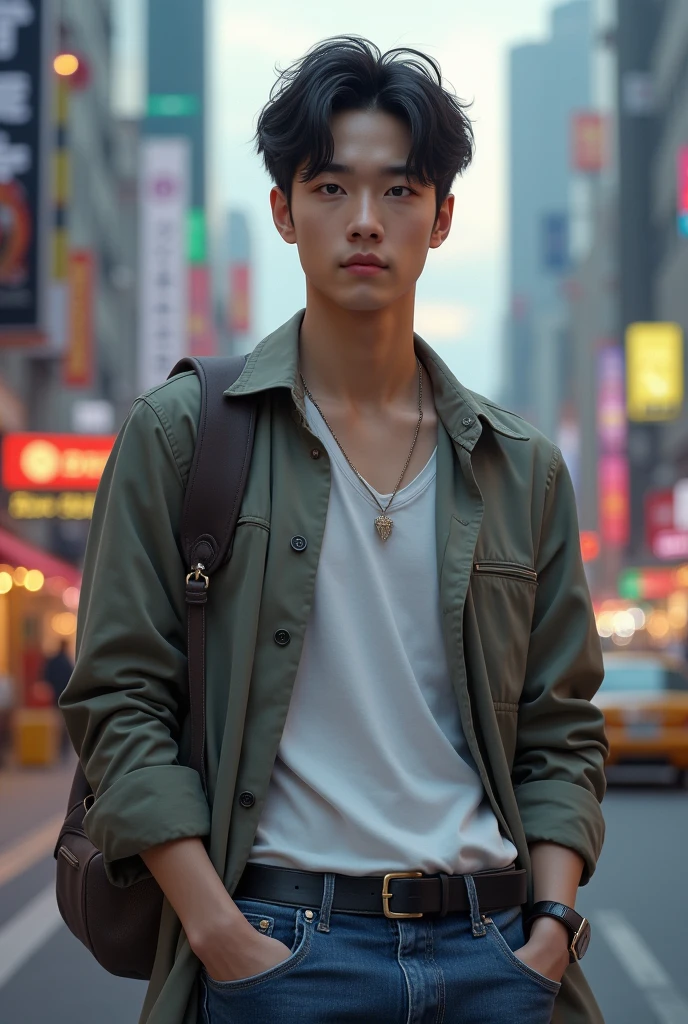 Photorealistic, korean young man, casual, city
