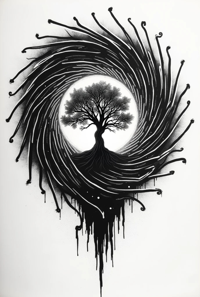 black and white tattoo depicting a gravitational portal with an illustration of a cork oak