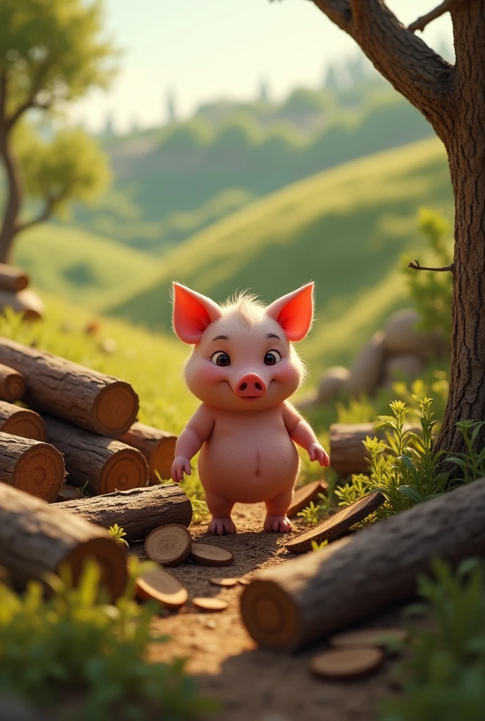  The second little pig found a pile of wood lying around there. 