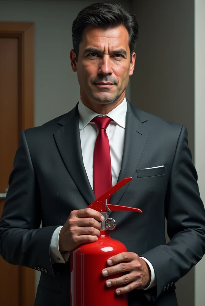Dark-haired boy in a suit and red tie with short hair, age 38 years, holding a fire extinguisher, Brazilian appearance. 