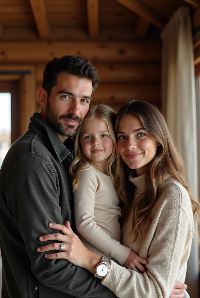 (Photorealism:1.1) a couple man dark brown hair and brown eyes together with a woman blonde green eyes long hair  e uma criança loira de 8 anos em um chalé em Lugano  e um IWC portuguese e usando aliança de casamento 8k ultra realistic super detailed 