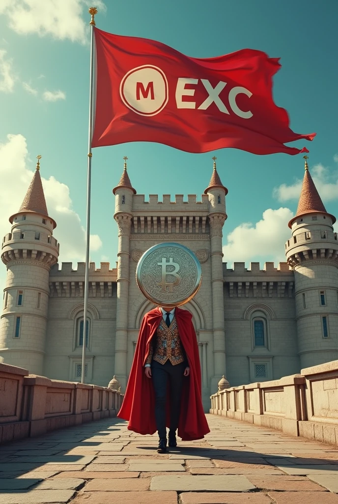 The king, whose head is very large and looks like a coin, enters a castle with a Mexc flag