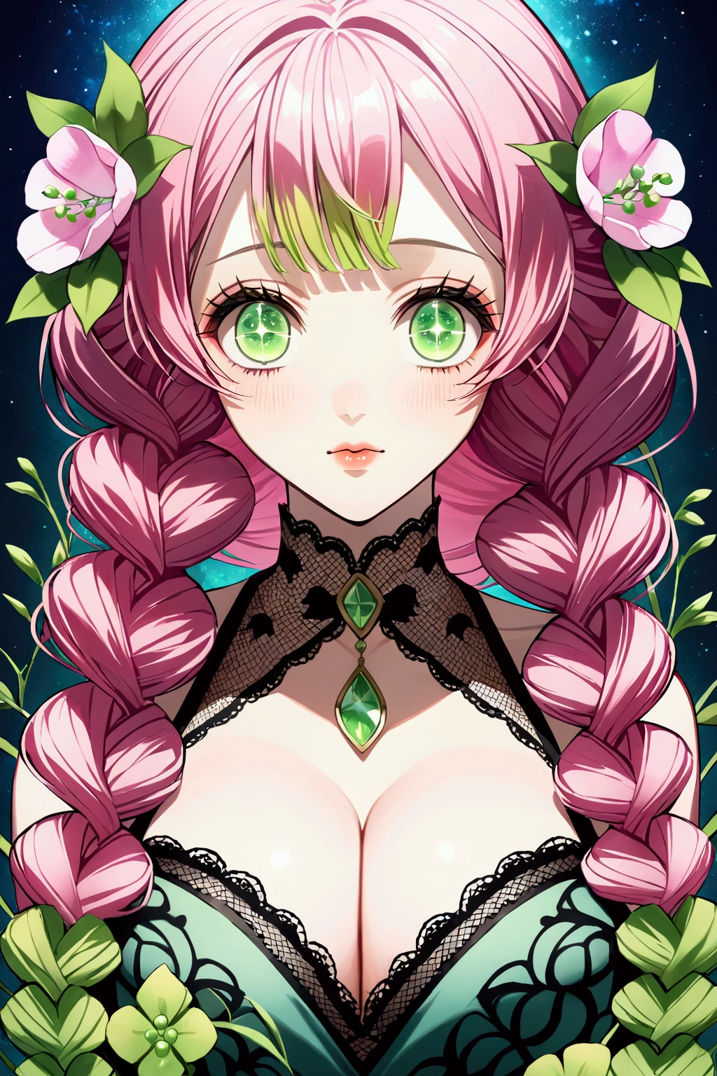 Convert your flower art into illustration.、Create backgrounds with vibrant colors and unique touches　The type of flower is statice、Gypsophila、sweet pea、Mix in some lace flowers, portrait, face portrait, big breasts, cleavage, pink hair, green eyes, (green highlights), green braids, ulzzang, big green sparkling eyes like gemstones,
